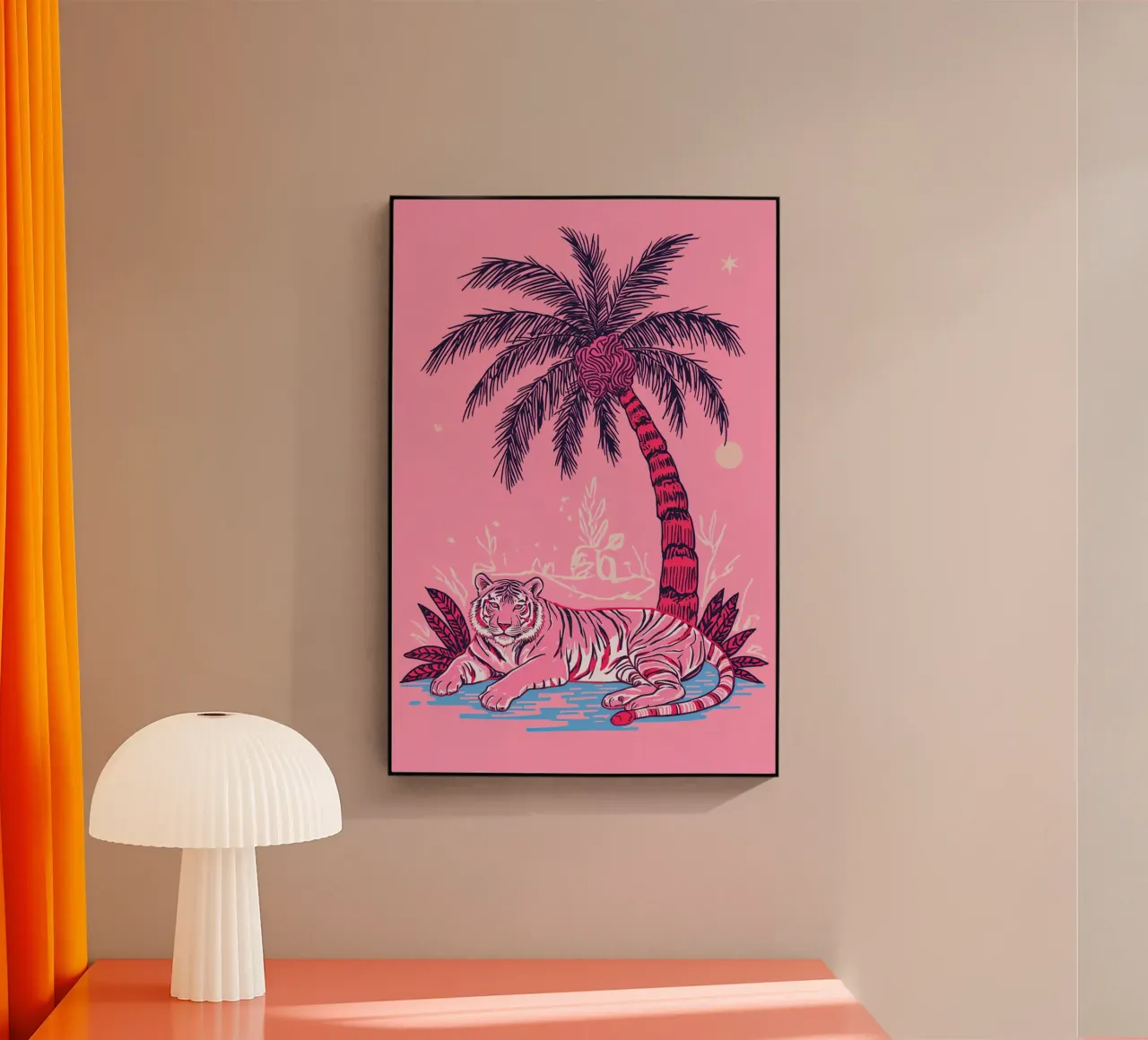 Tigre sotto una palma con combinazione di colori rosa plexiglass da DesignDoodle