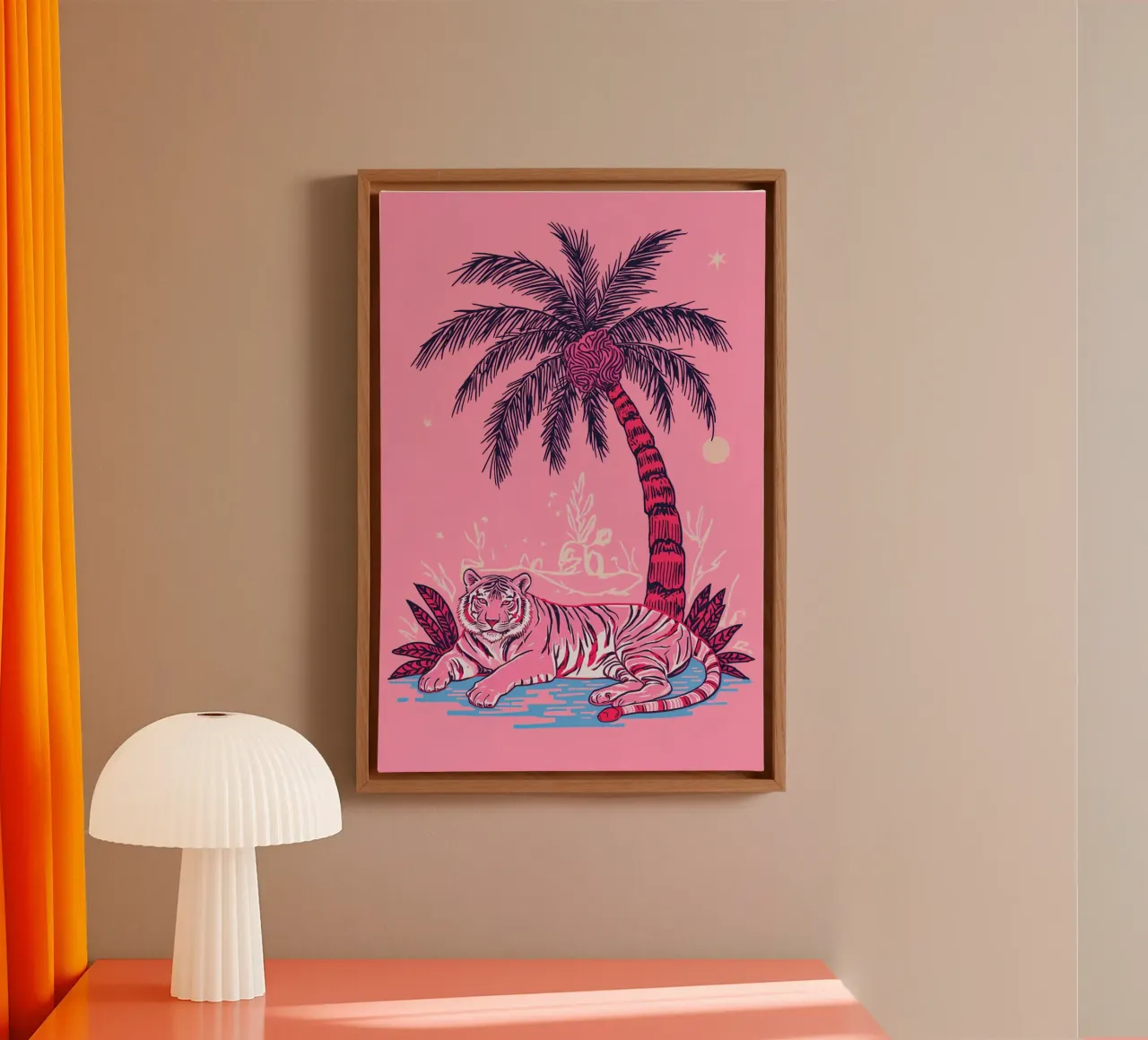 Tigre sotto una palma con combinazione di colori rosa tela con Cornice a cassetta da DesignDoodle