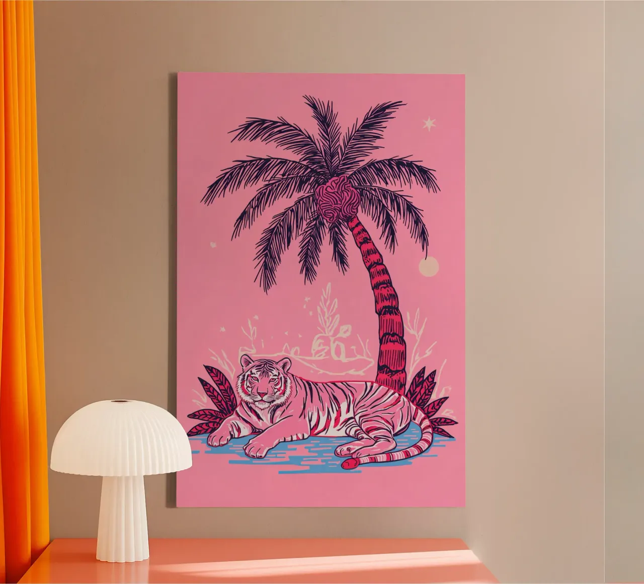 Tigre sotto una palma con combinazione di colori rosa tela con Cornice a cassetta da DesignDoodle