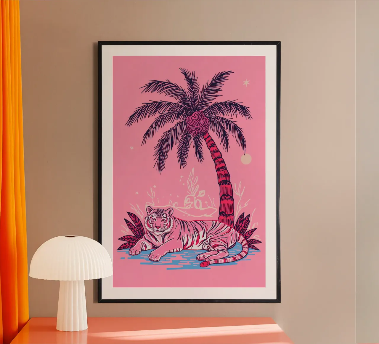 Tigre sotto una palma con combinazione di colori rosa poster da DesignDoodle