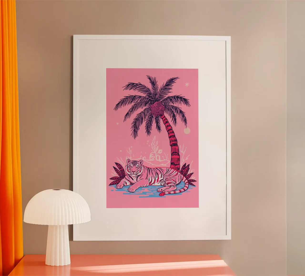 Tigre sotto una palma con combinazione di colori rosa poster da DesignDoodle