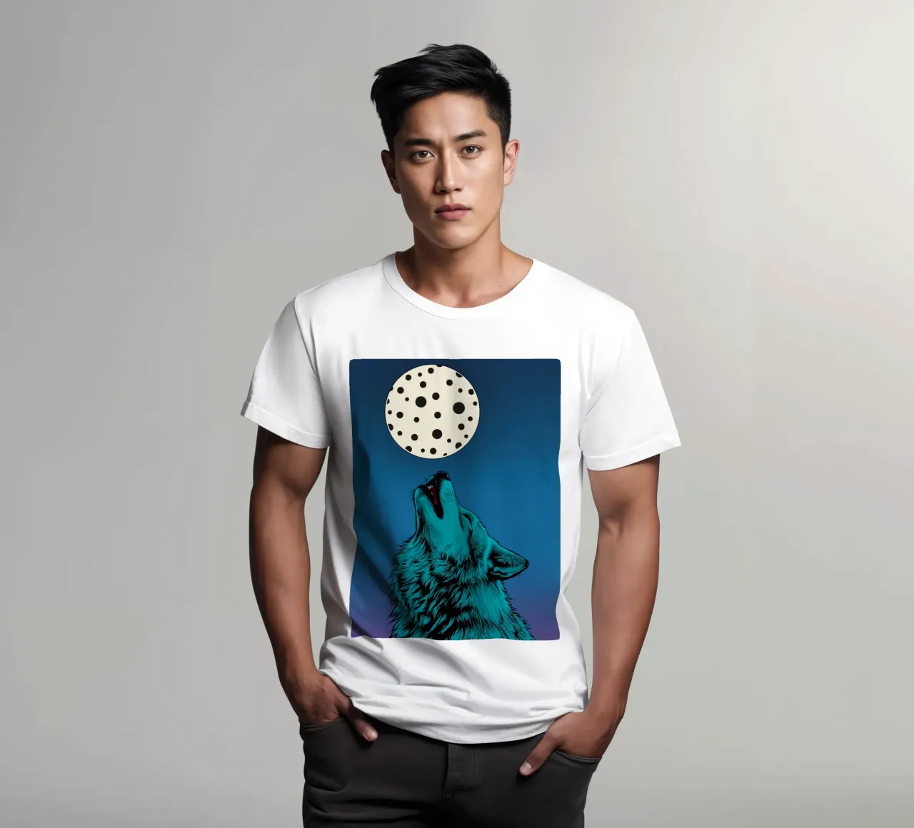 un lupo che ulula a una luna maculata t-shirt da DesignDoodle