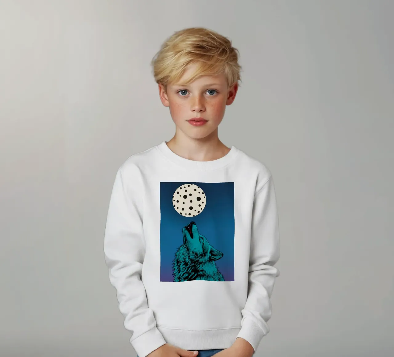 un lupo che ulula a una luna maculata felpa bambino da DesignDoodle