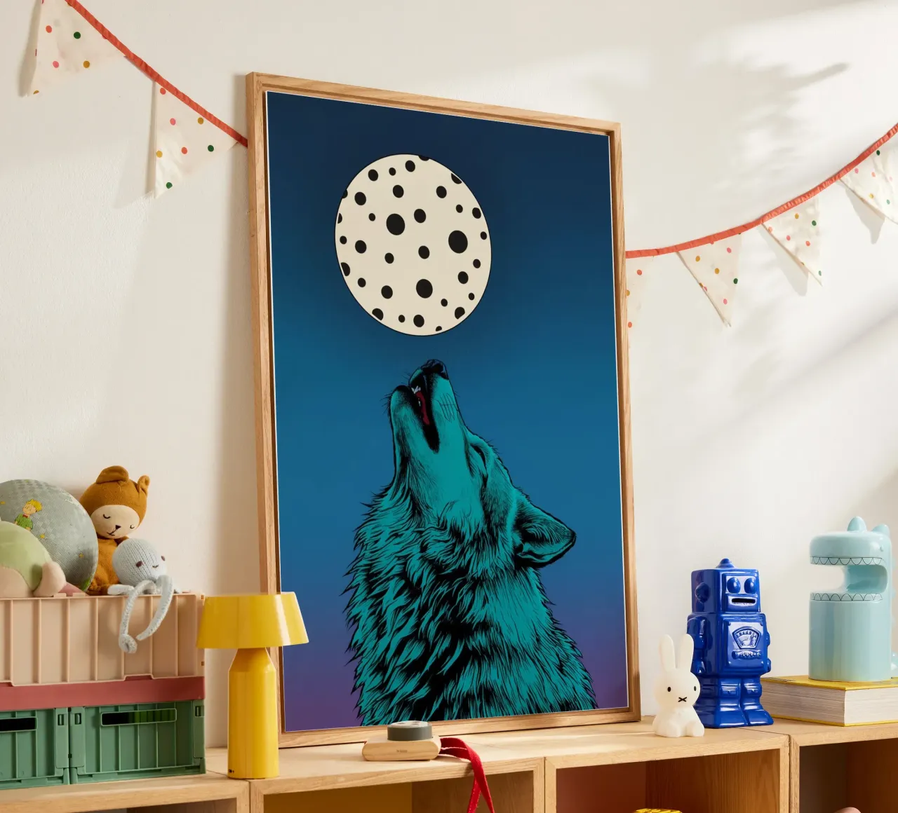 un lupo che ulula a una luna maculata plexiglass da DesignDoodle