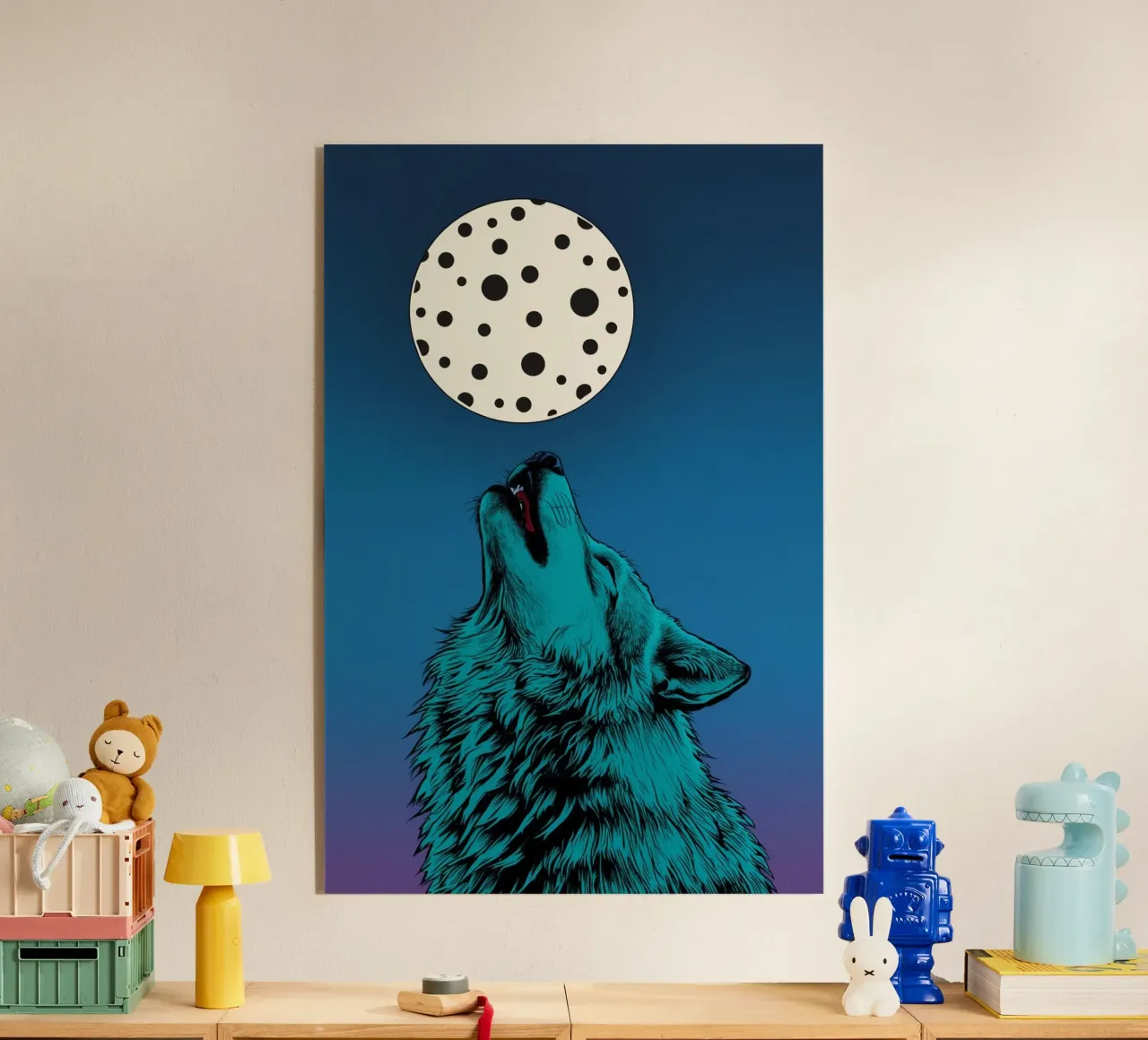 un lupo che ulula a una luna maculata plexiglass da DesignDoodle
