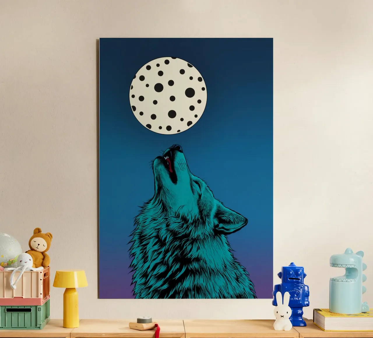 un lupo che ulula a una luna maculata alluminio dibond da DesignDoodle