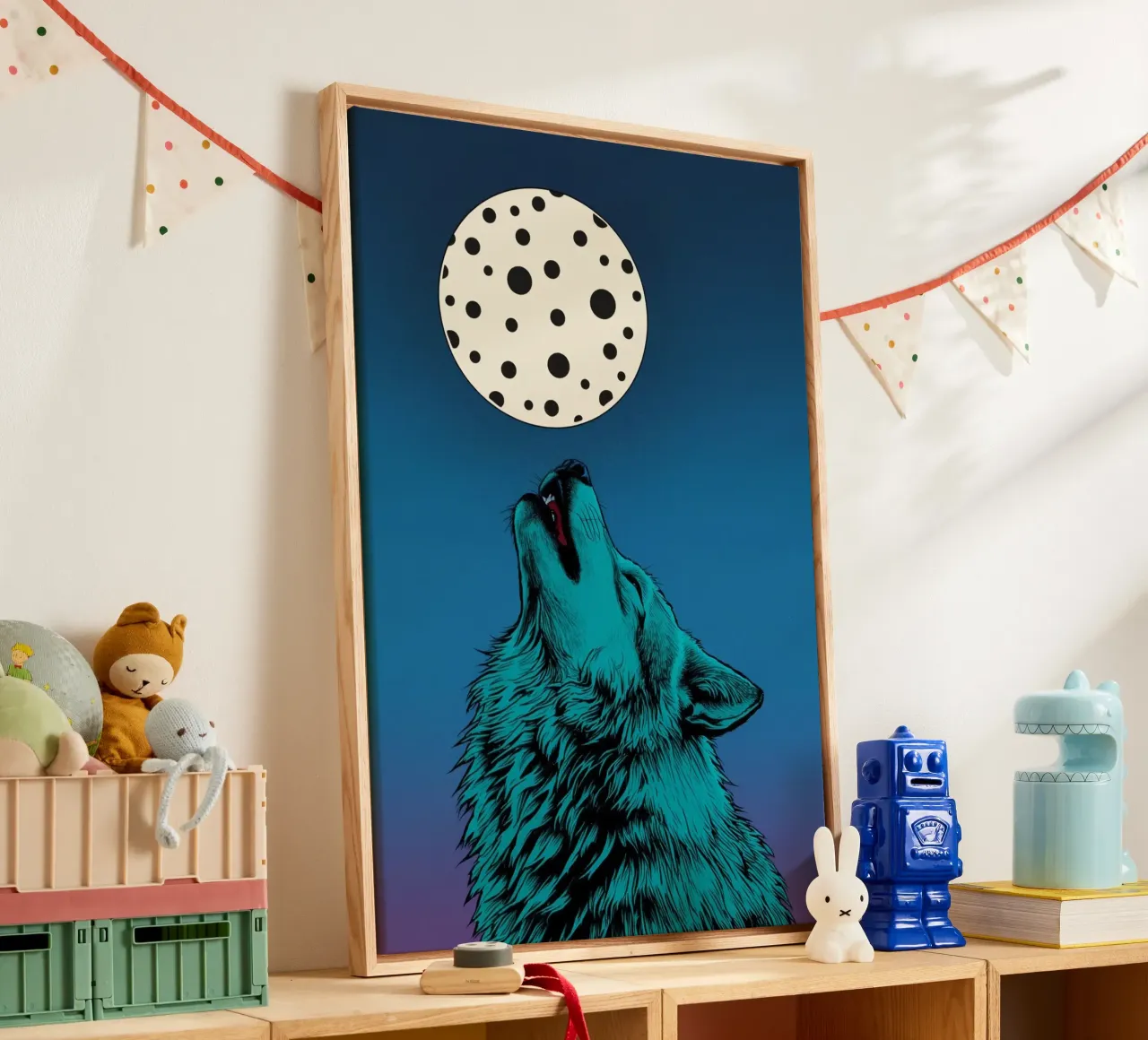 un lupo che ulula a una luna maculata tela con Cornice a cassetta da DesignDoodle