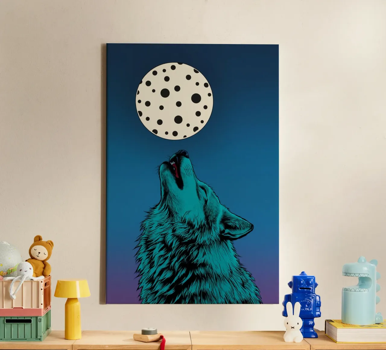 un lupo che ulula a una luna maculata tela con Cornice a cassetta da DesignDoodle