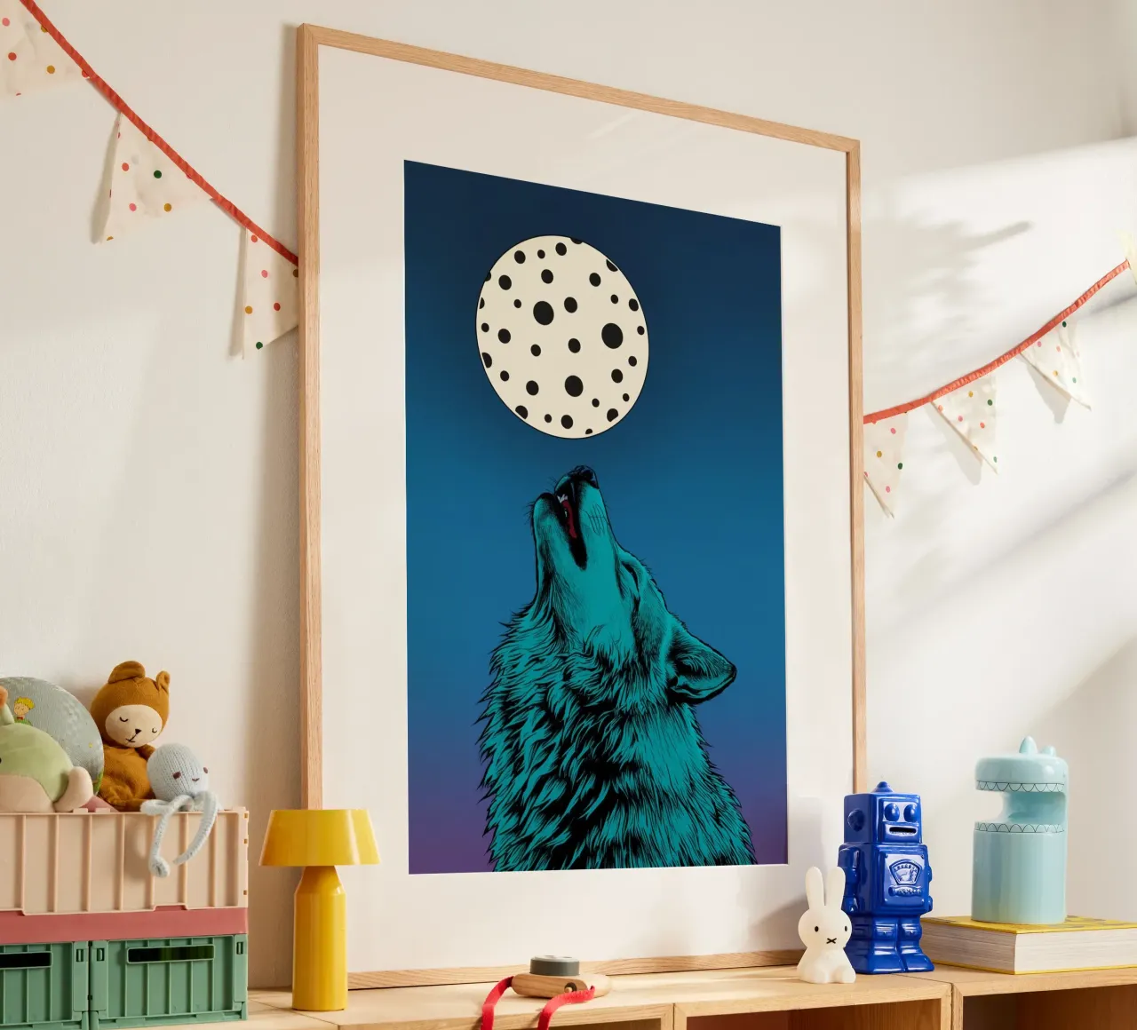 un lupo che ulula a una luna maculata poster da DesignDoodle