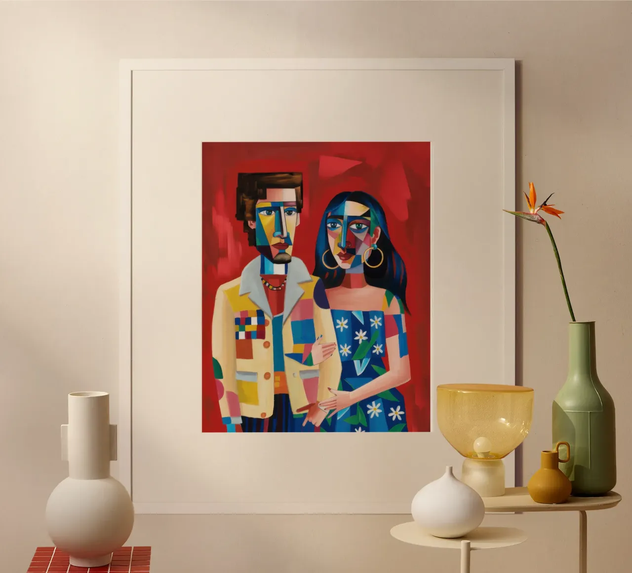 Abbraccio di coppia cromatico poster con telaio in legno da Echo Saber