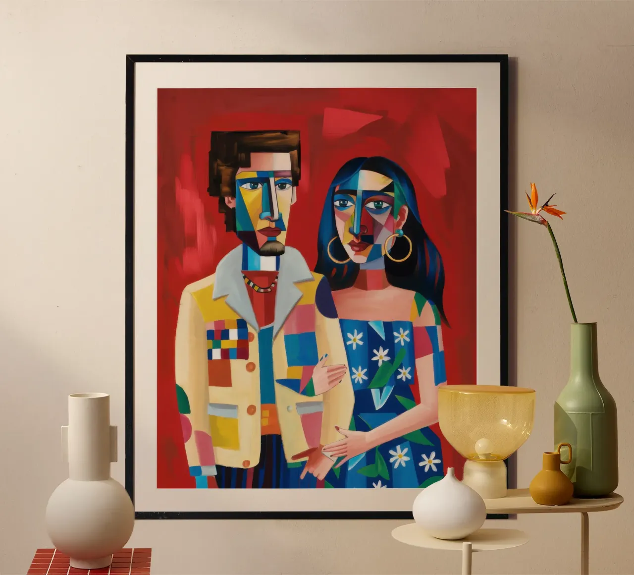 Abbraccio di coppia cromatico poster con telaio in legno da Echo Saber