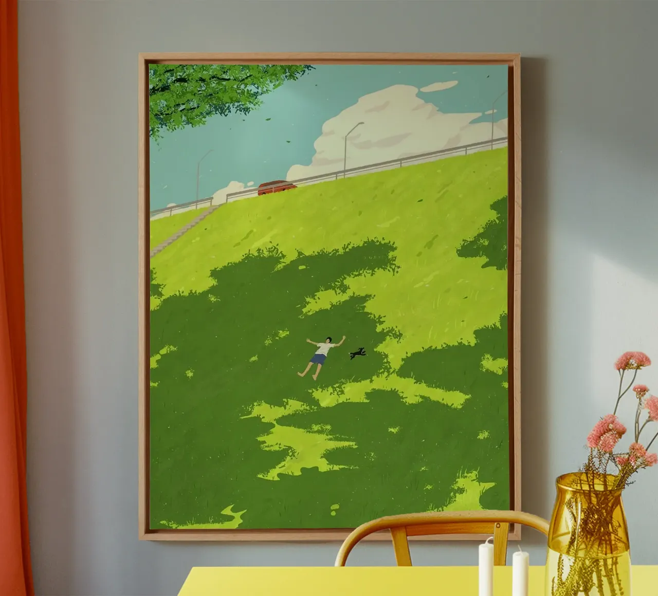 lie on grass in sunset canvas with Floater frame by panada