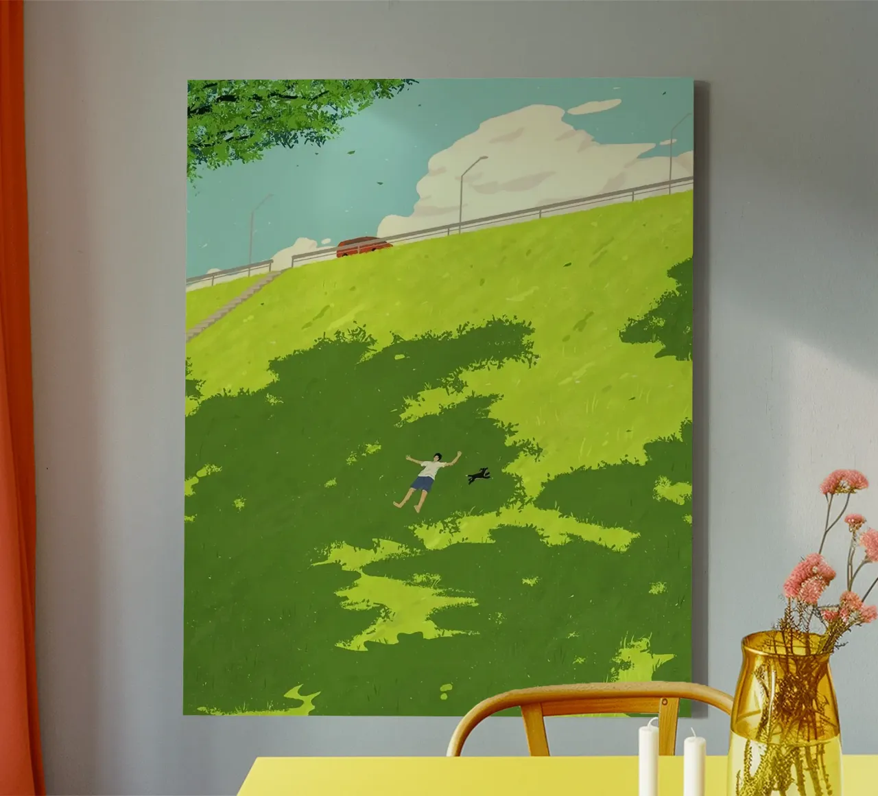 lie on grass in sunset canvas with Floater frame by panada