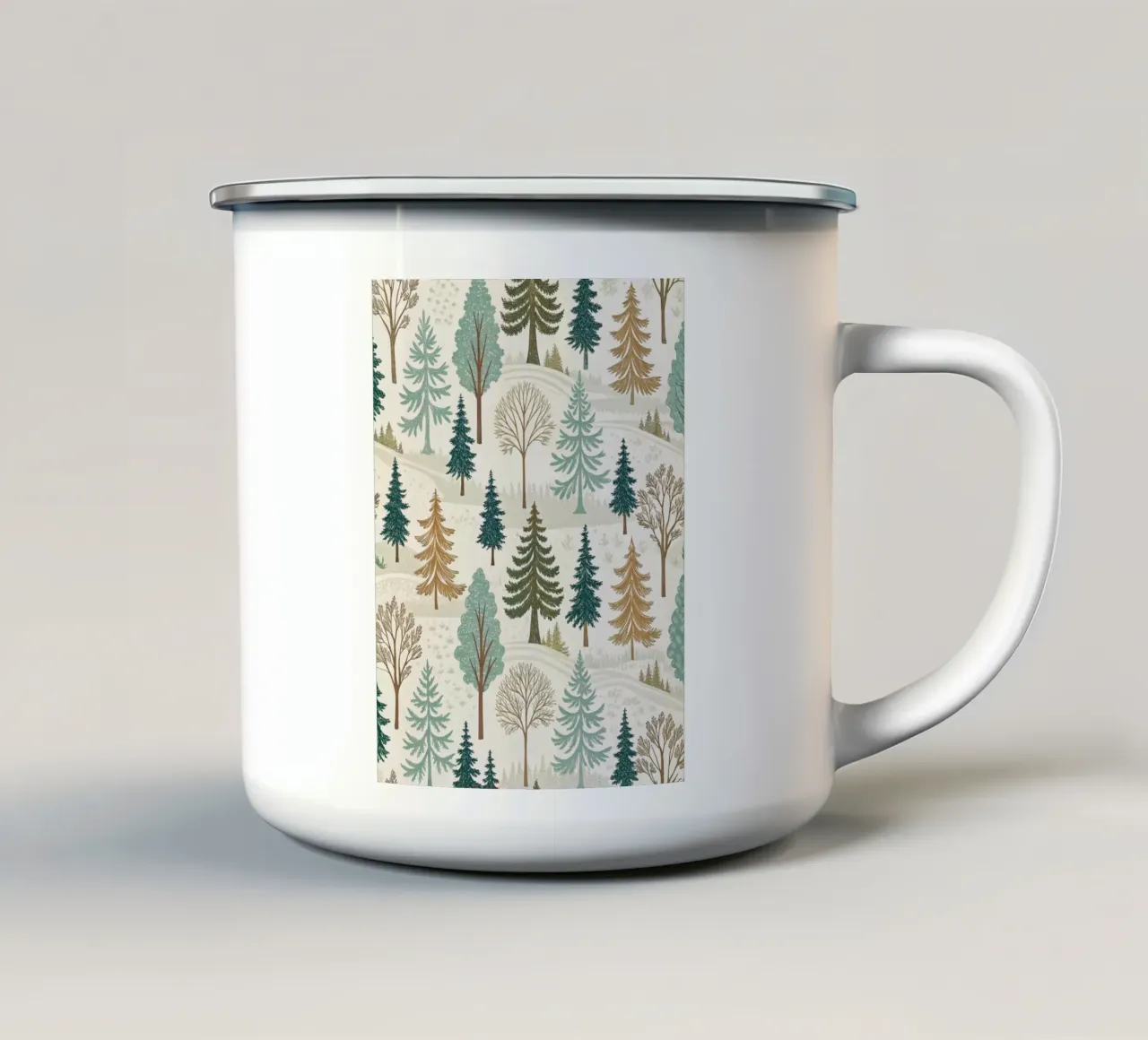 Winter Forest Serenity: A Seamless Pattern of Evergreen Tree enamel mug by Artistic-shop