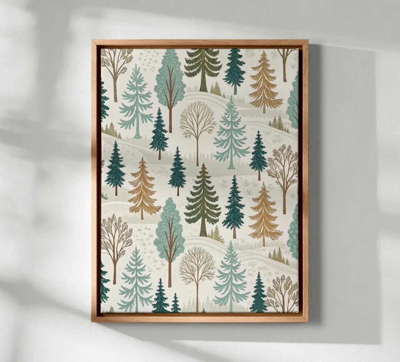 Winter Forest Serenity: A Seamless Pattern of Evergreen Tree canvas with Floater frame by Artistic-shop