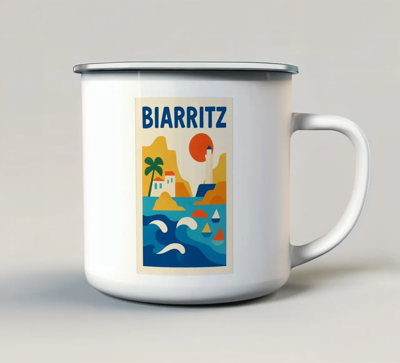 Poster d'epoca di Biarritz - oceano, faro e onde basche tazza in smalto da JETLAG | affiches voyage