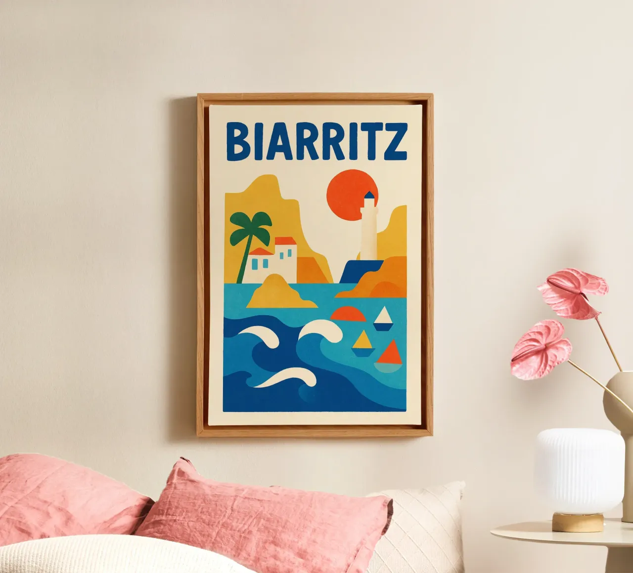 Poster d'epoca di Biarritz - oceano, faro e onde basche tela con Cornice a cassetta da JETLAG | affiches voyage