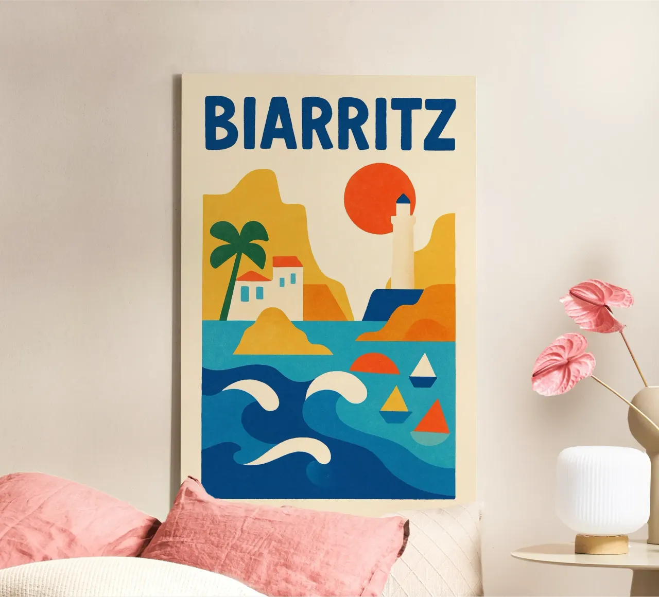 Poster d'epoca di Biarritz - oceano, faro e onde basche tela con Cornice a cassetta da JETLAG | affiches voyage