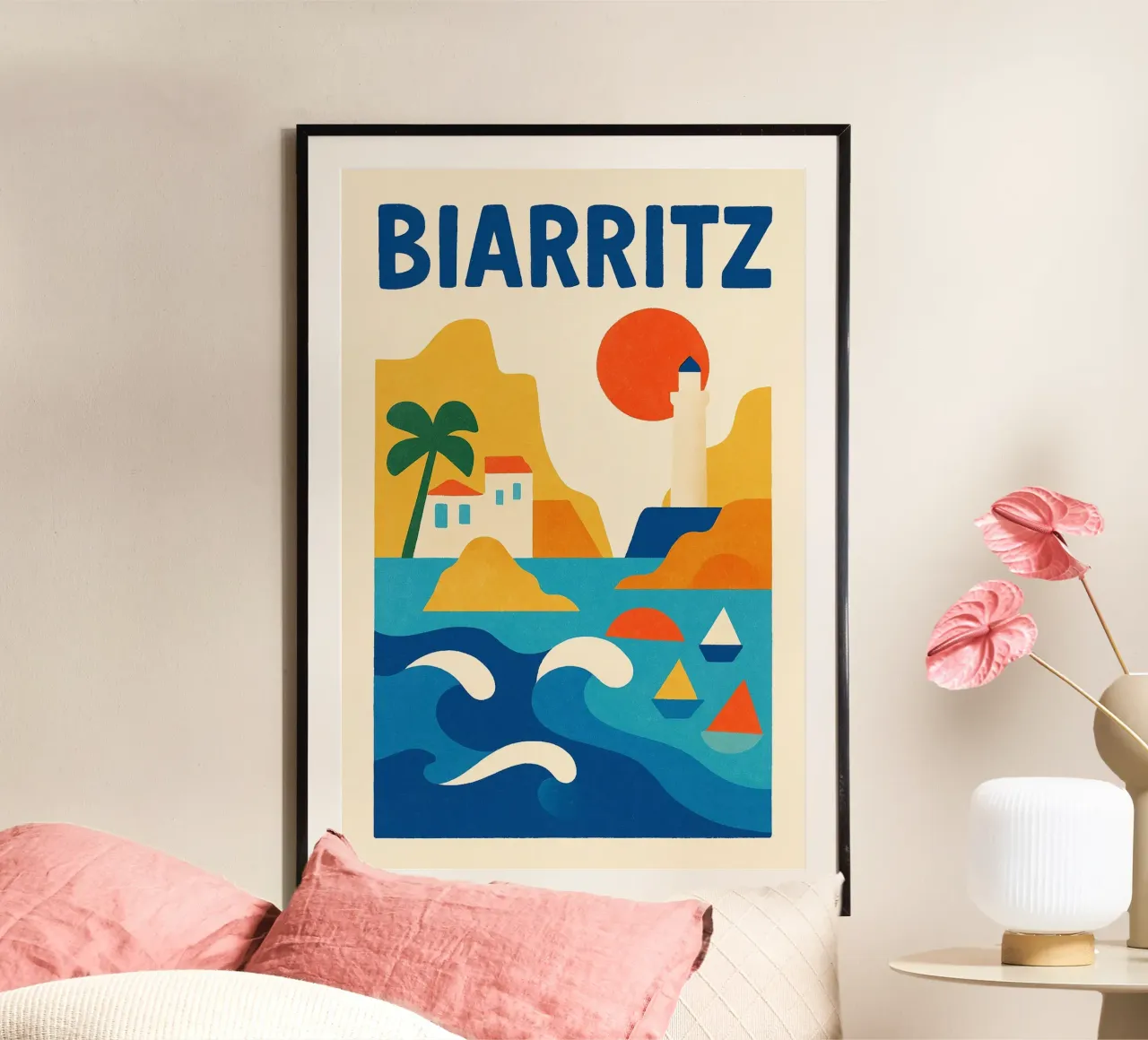 Poster d'epoca di Biarritz - oceano, faro e onde basche poster da JETLAG | affiches voyage