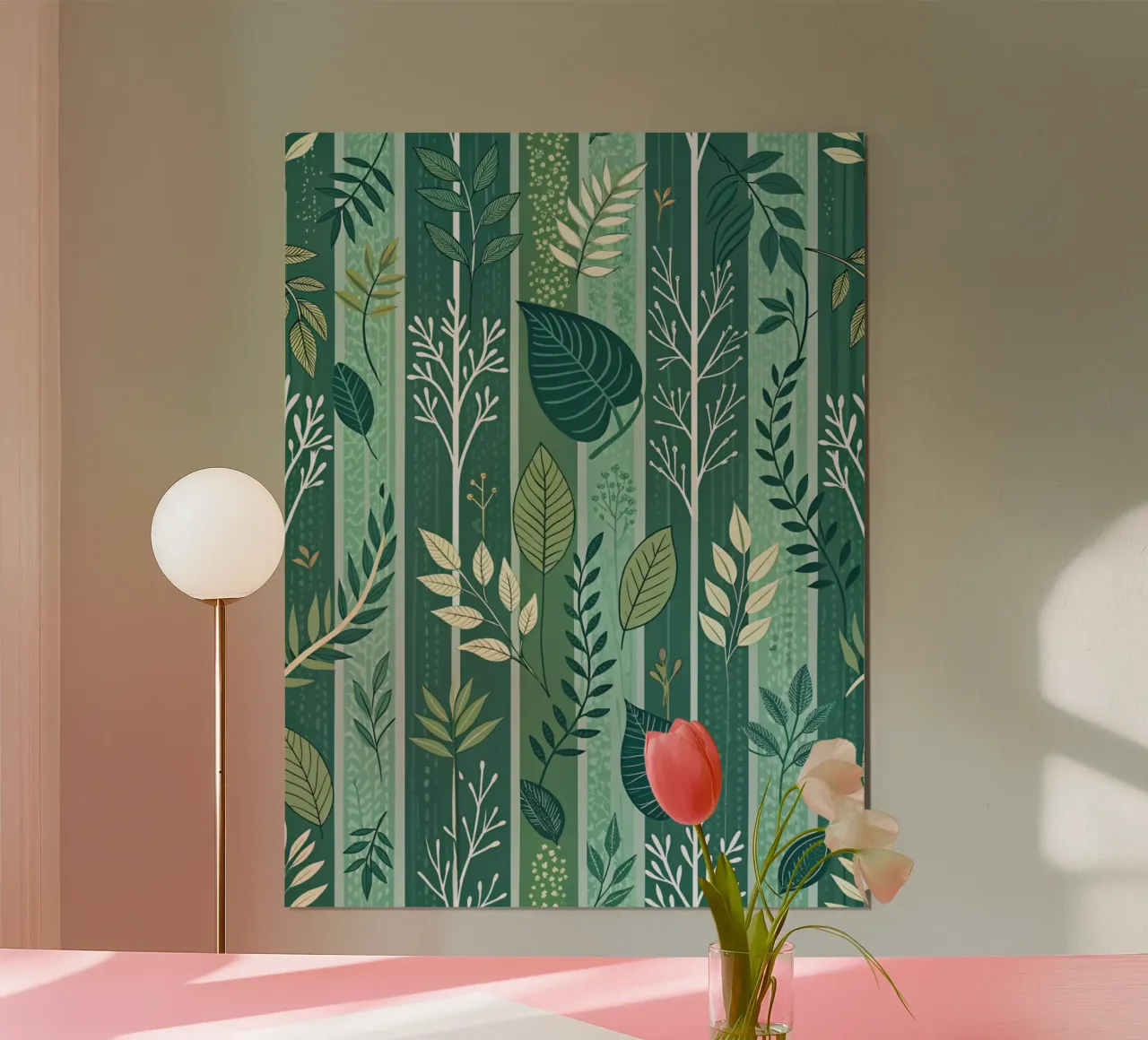 Eleganza in smeraldo: Un giardino verdeggiante di motivi a foglia poster con telaio in legno da Artistic-shop
