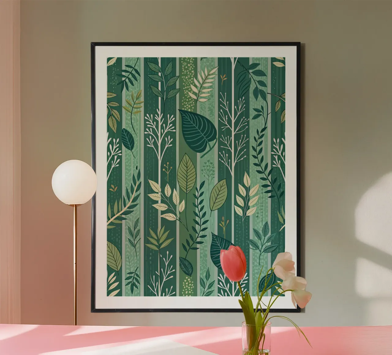 Eleganza in smeraldo: Un giardino verdeggiante di motivi a foglia poster con telaio in legno da Artistic-shop