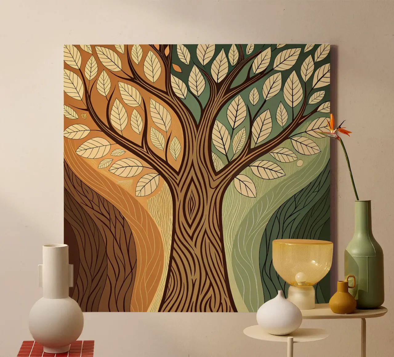 Seasons of the Soul: A Tree of Life Abstract in Earth Tones canvas with Floater frame by Artistic-shop