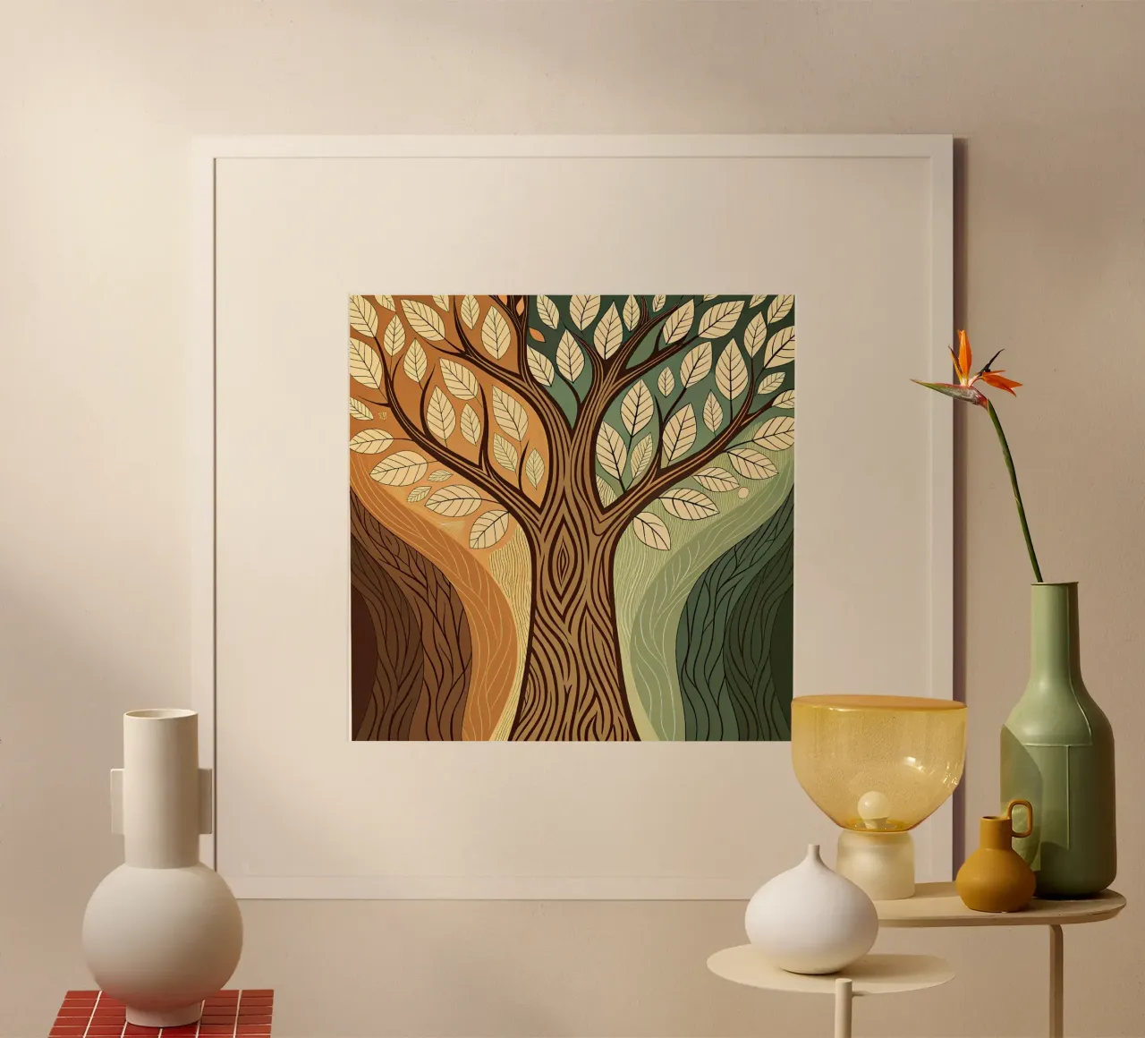 Le stagioni dell'anima: un albero della vita astratto nei toni della terra poster con telaio in legno da Artistic-shop