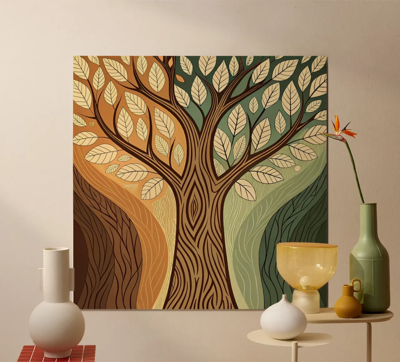 Le stagioni dell'anima: un albero della vita astratto nei toni della terra poster con telaio in legno da Artistic-shop