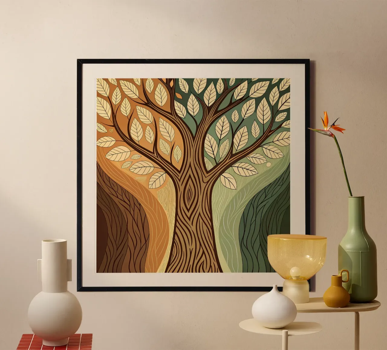 Le stagioni dell'anima: un albero della vita astratto nei toni della terra poster con telaio in legno da Artistic-shop