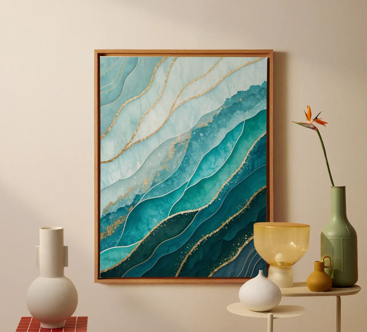 Majestic Azure & Emerald Waves with Gilded Accents canvas with Floater frame by Artistic-shop