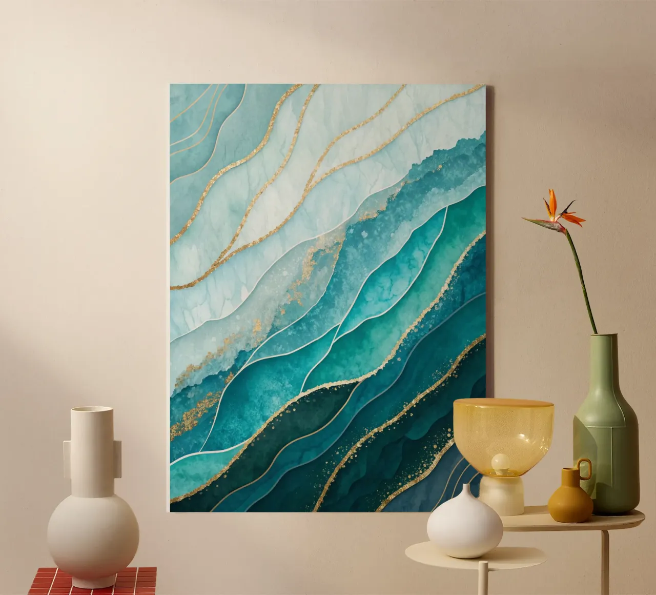 Majestic Azure & Emerald Waves with Gilded Accents canvas with Floater frame by Artistic-shop