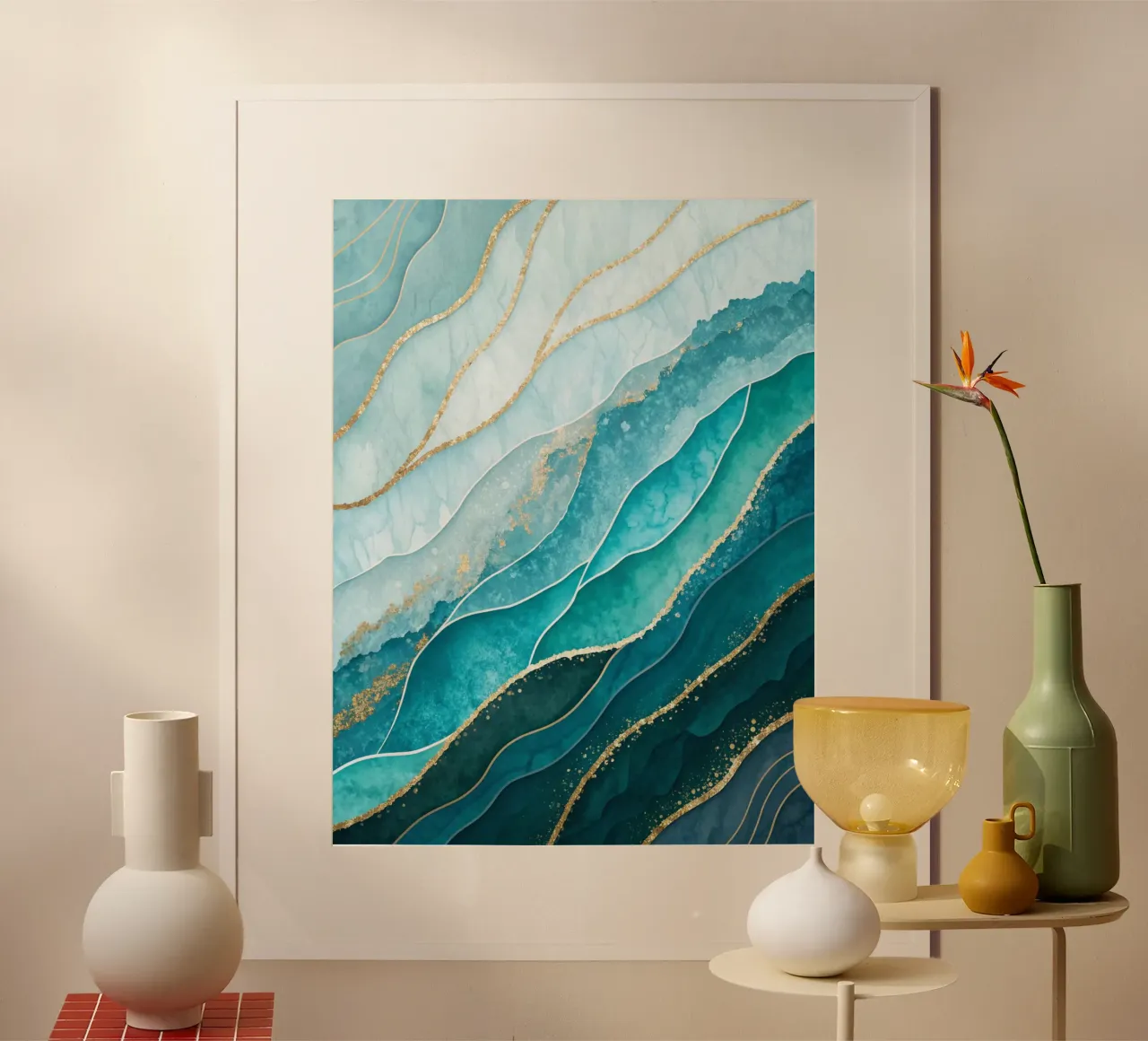 Maestose onde azzurre e smeraldine con accenti dorati poster da Artistic-shop