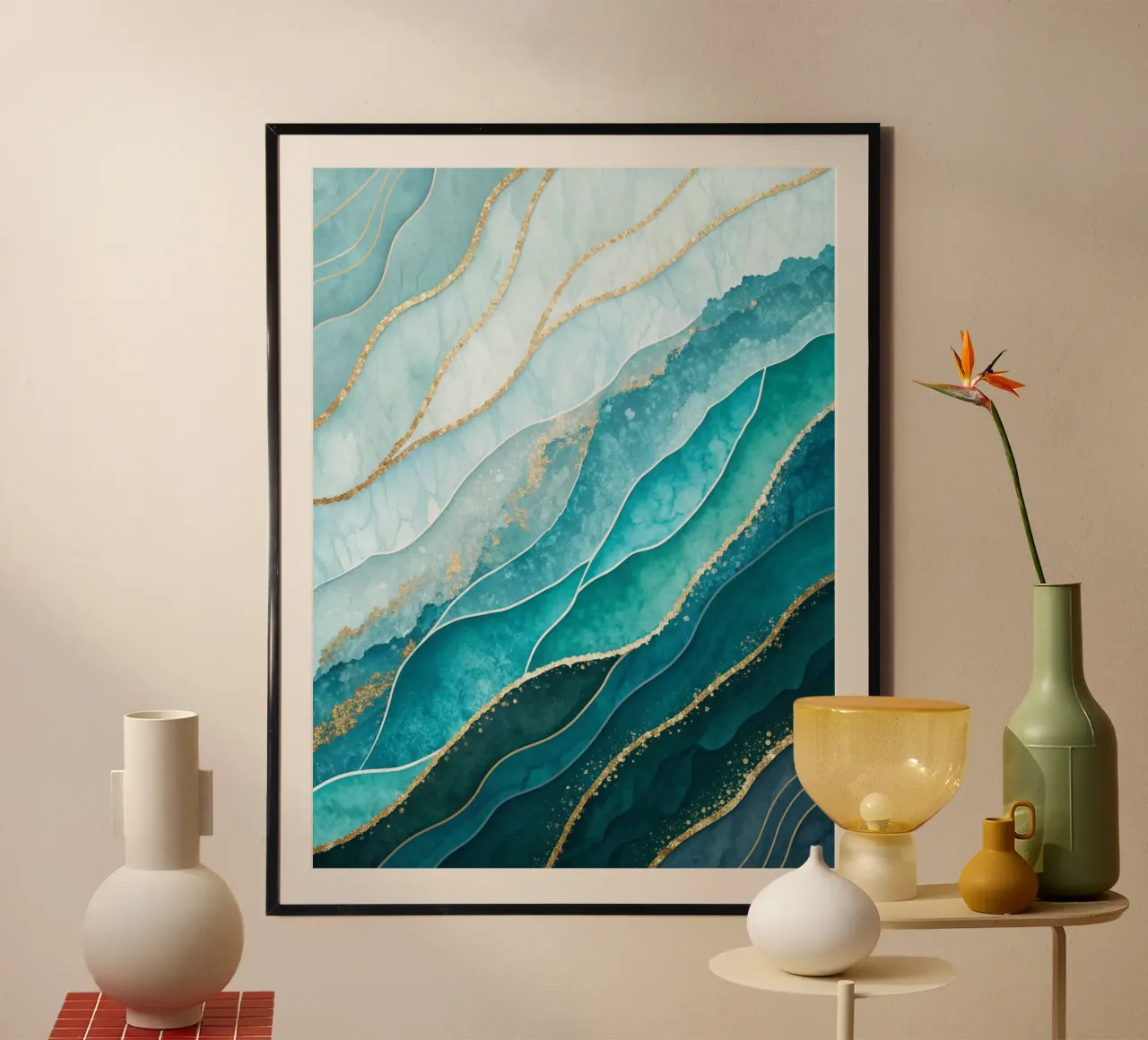 Maestose onde azzurre e smeraldine con accenti dorati poster da Artistic-shop