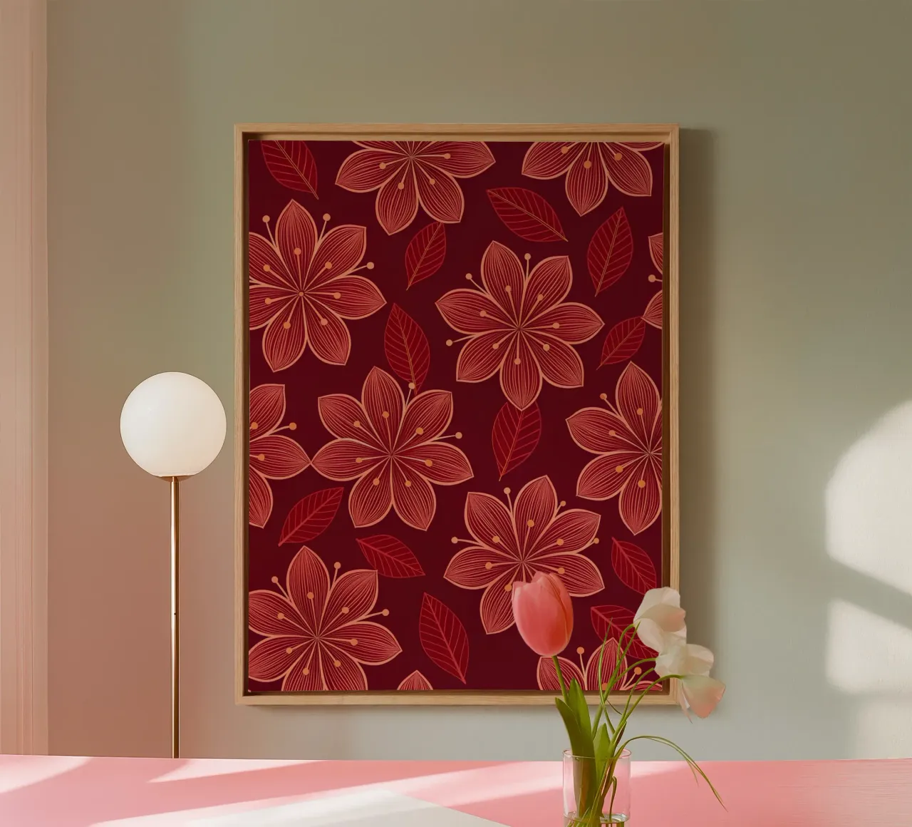 Ruby Red & Gold Floral Blossom Seamless Pattern canvas with Floater frame by Artistic-shop