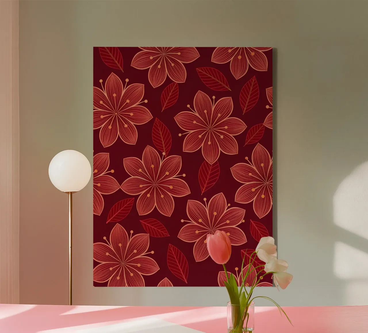 Ruby Red & Gold Floral Blossom Seamless Pattern canvas with Floater frame by Artistic-shop
