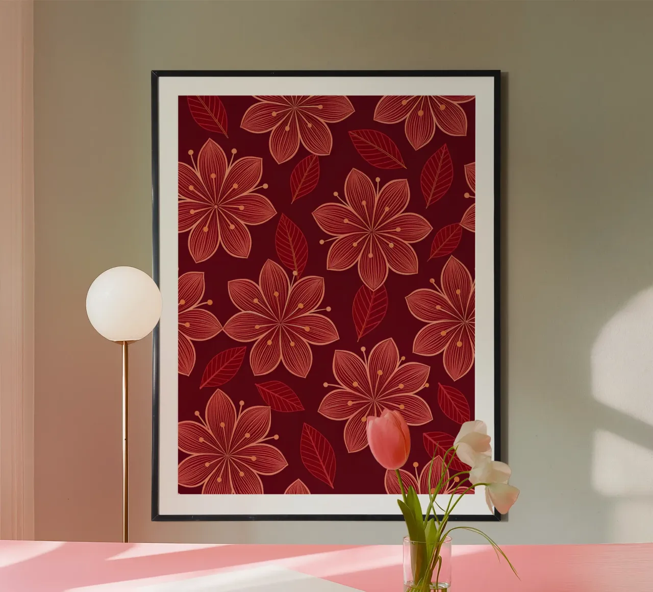 Rosso rubino e oro, fiori floreali senza cuciture poster da Artistic-shop