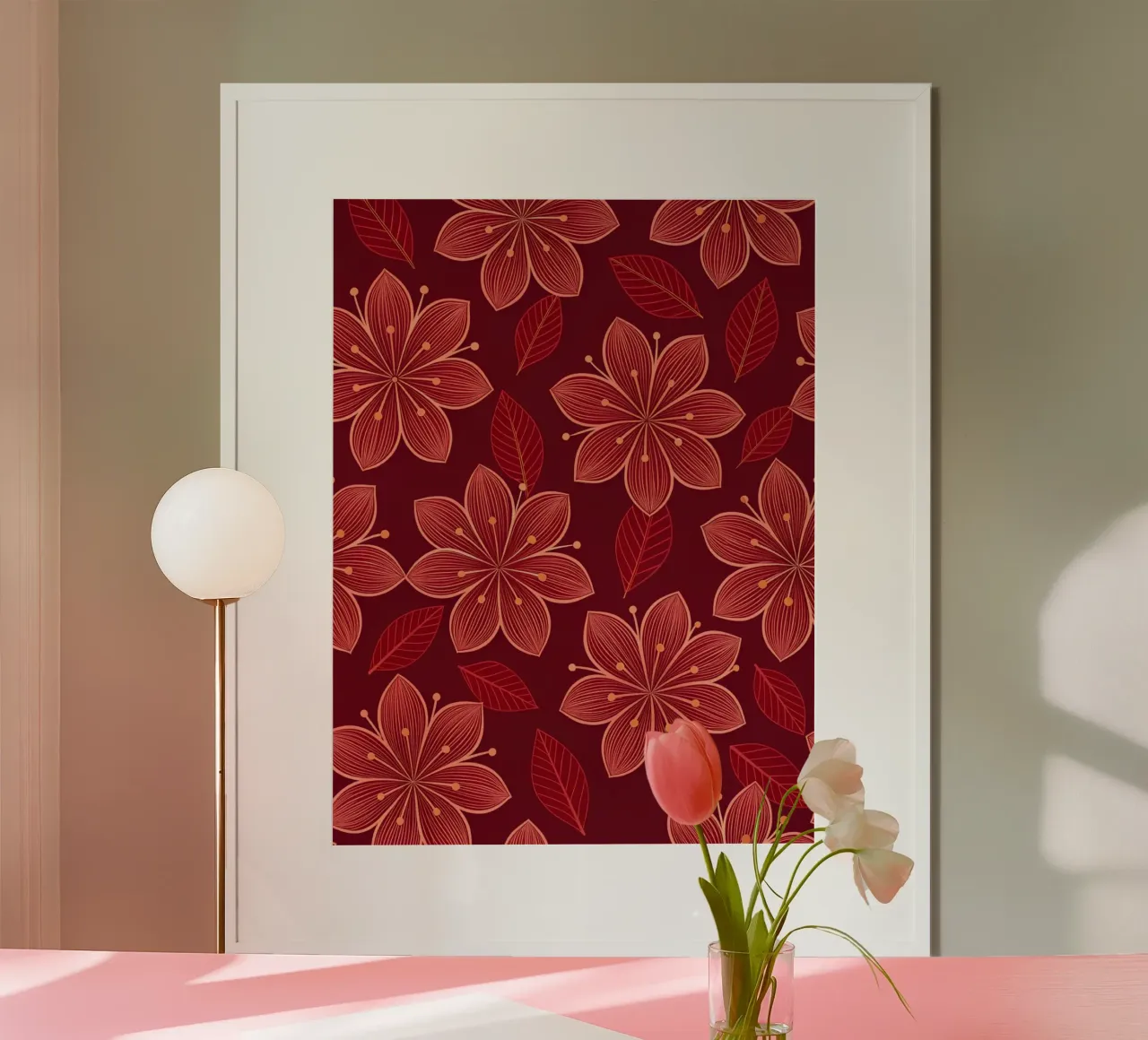 Rosso rubino e oro, fiori floreali senza cuciture poster da Artistic-shop