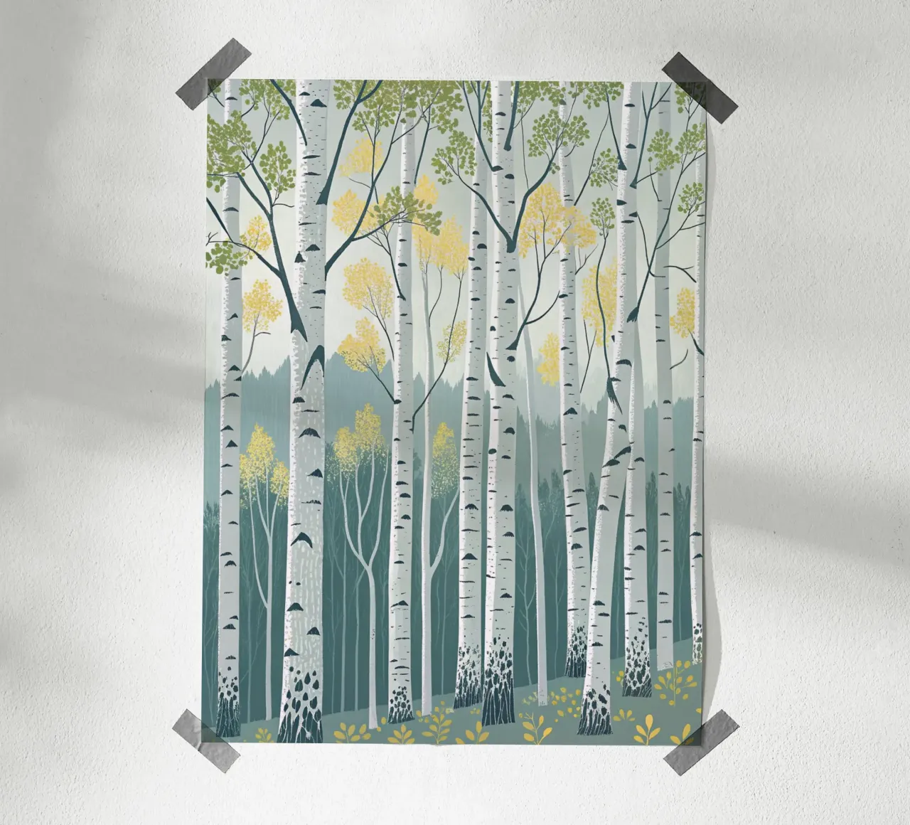 Bosco di betulle incantato: Una foresta scintillante d'argento e d'oro poster da Artistic-shop