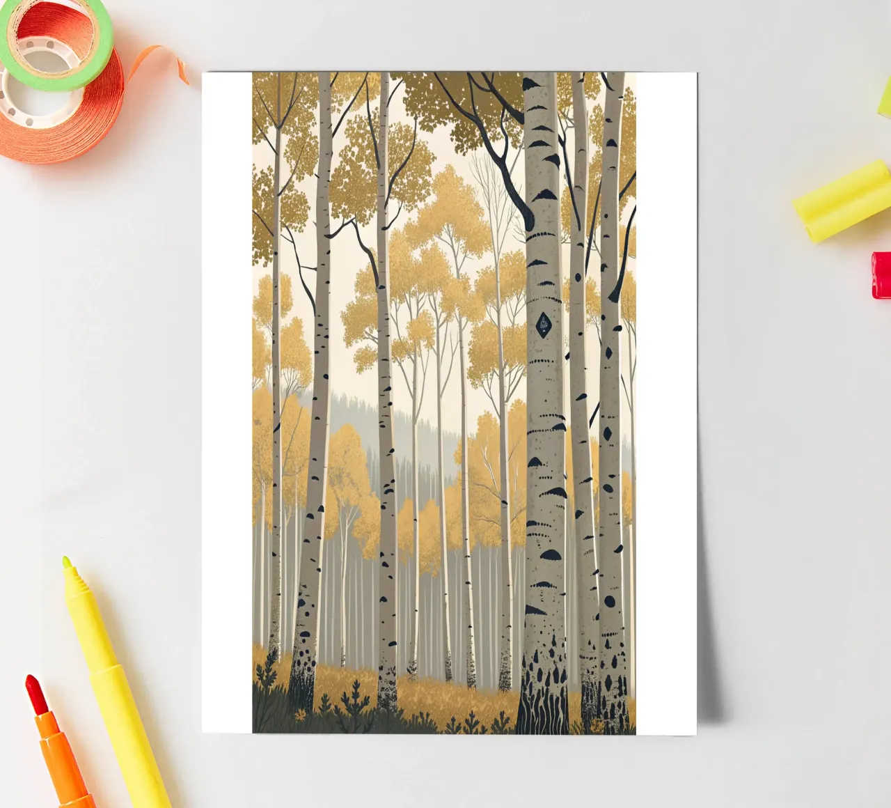 Un boschetto di Aspen dorati in autunno: Un digitale sereno e moderno foglio adesivo da Artistic-shop