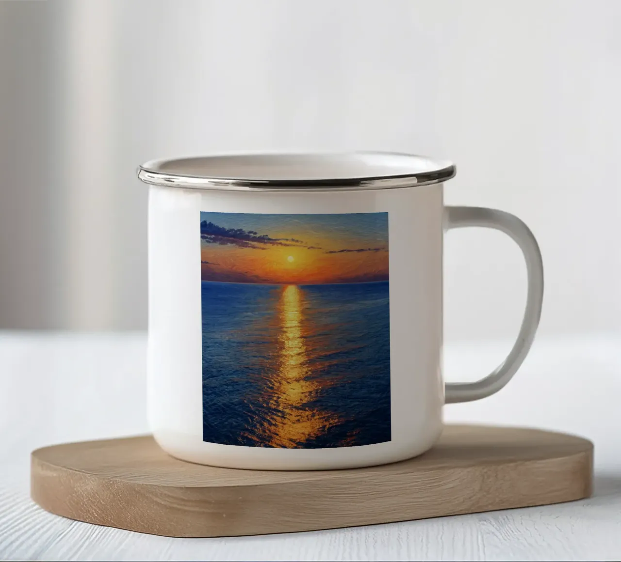 Sentiero d'oro verso l'orizzonte: Un sereno tramonto sul mare tazza in smalto da Artistic-shop