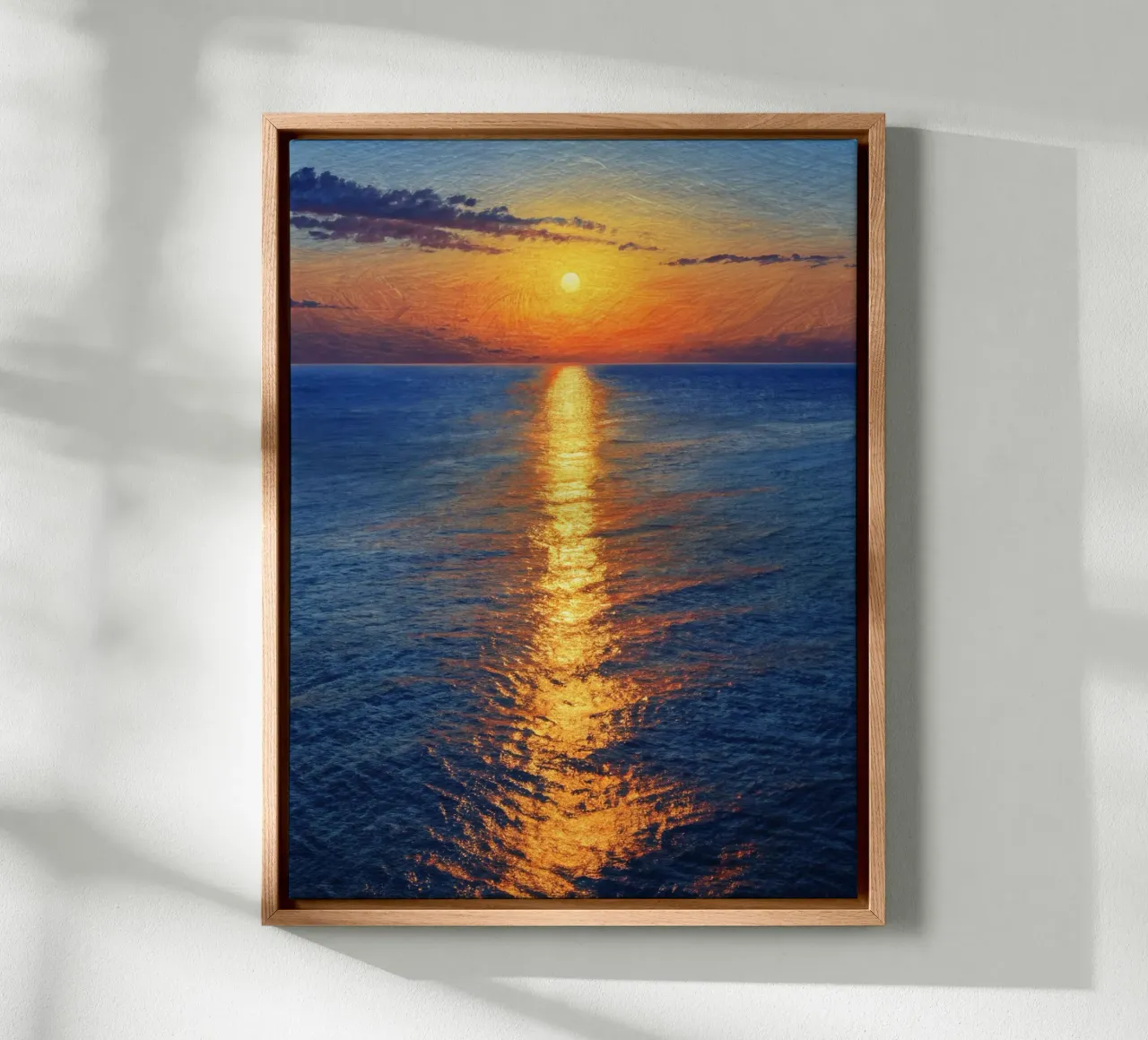 Sentiero d'oro verso l'orizzonte: Un sereno tramonto sul mare tela con Cornice a cassetta da Artistic-shop