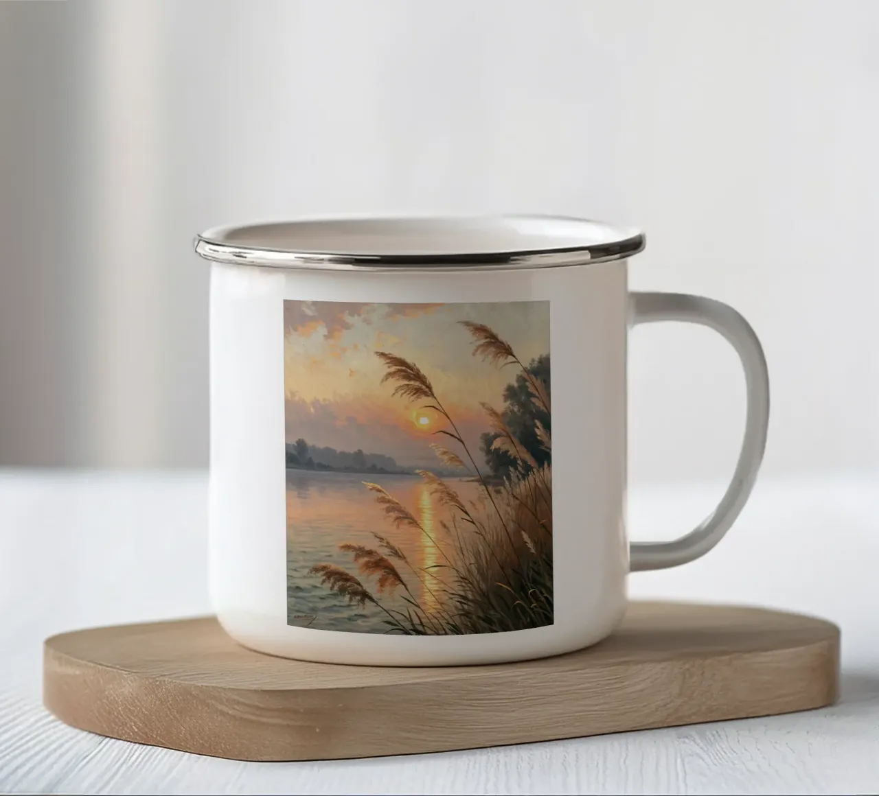 L'ora d'oro della serenità: Un tramonto in riva al lago tazza in smalto da Artistic-shop