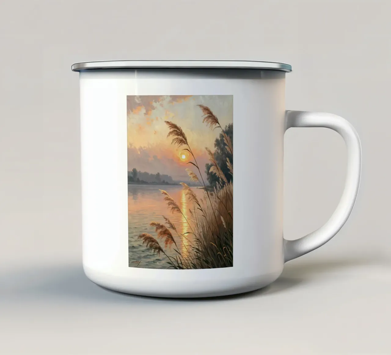 L'ora d'oro della serenità: Un tramonto in riva al lago tazza in smalto da Artistic-shop