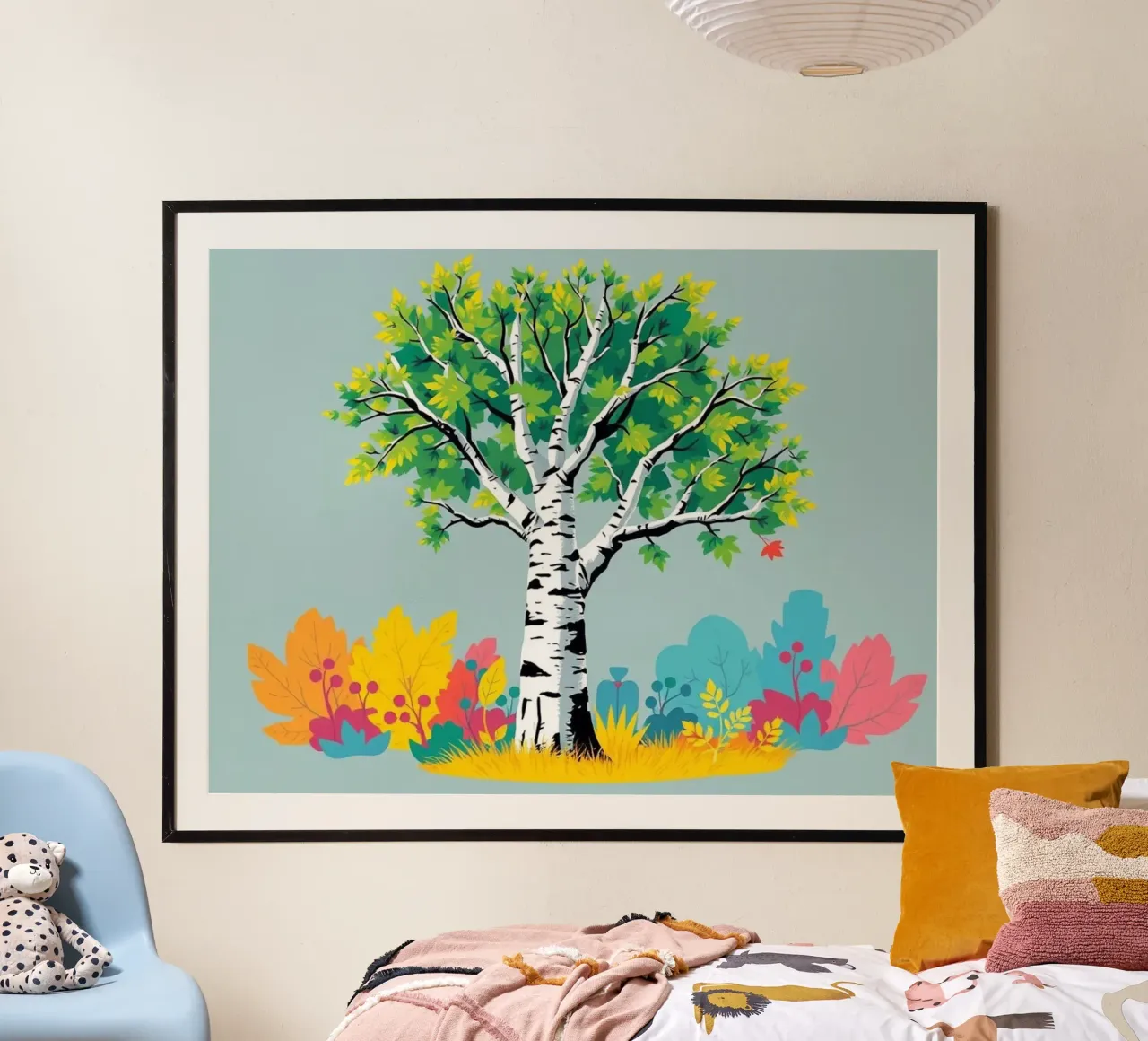 Tranquil Birch: un'oasi autunnale vibrante poster con telaio in legno da Artistic-shop