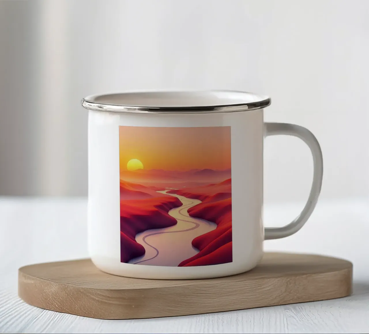 Serenità all'alba: Un fiume tortuoso attraverso il deserto cremisi tazza in smalto da Artistic-shop