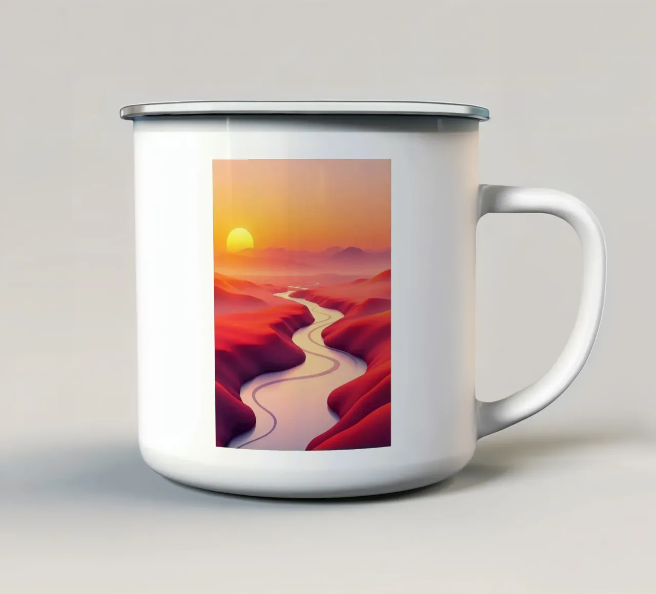 Serenità all'alba: Un fiume tortuoso attraverso il deserto cremisi tazza in smalto da Artistic-shop