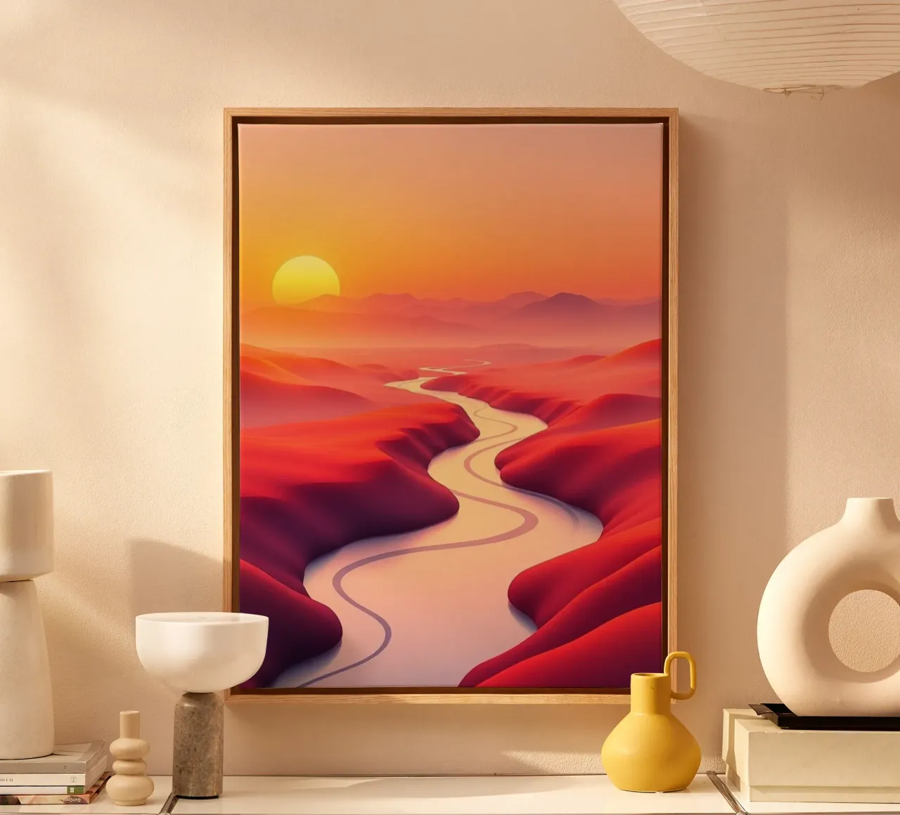 Sunrise Serenity: A Winding River Through the Crimson Desert canvas with Floater frame by Artistic-shop