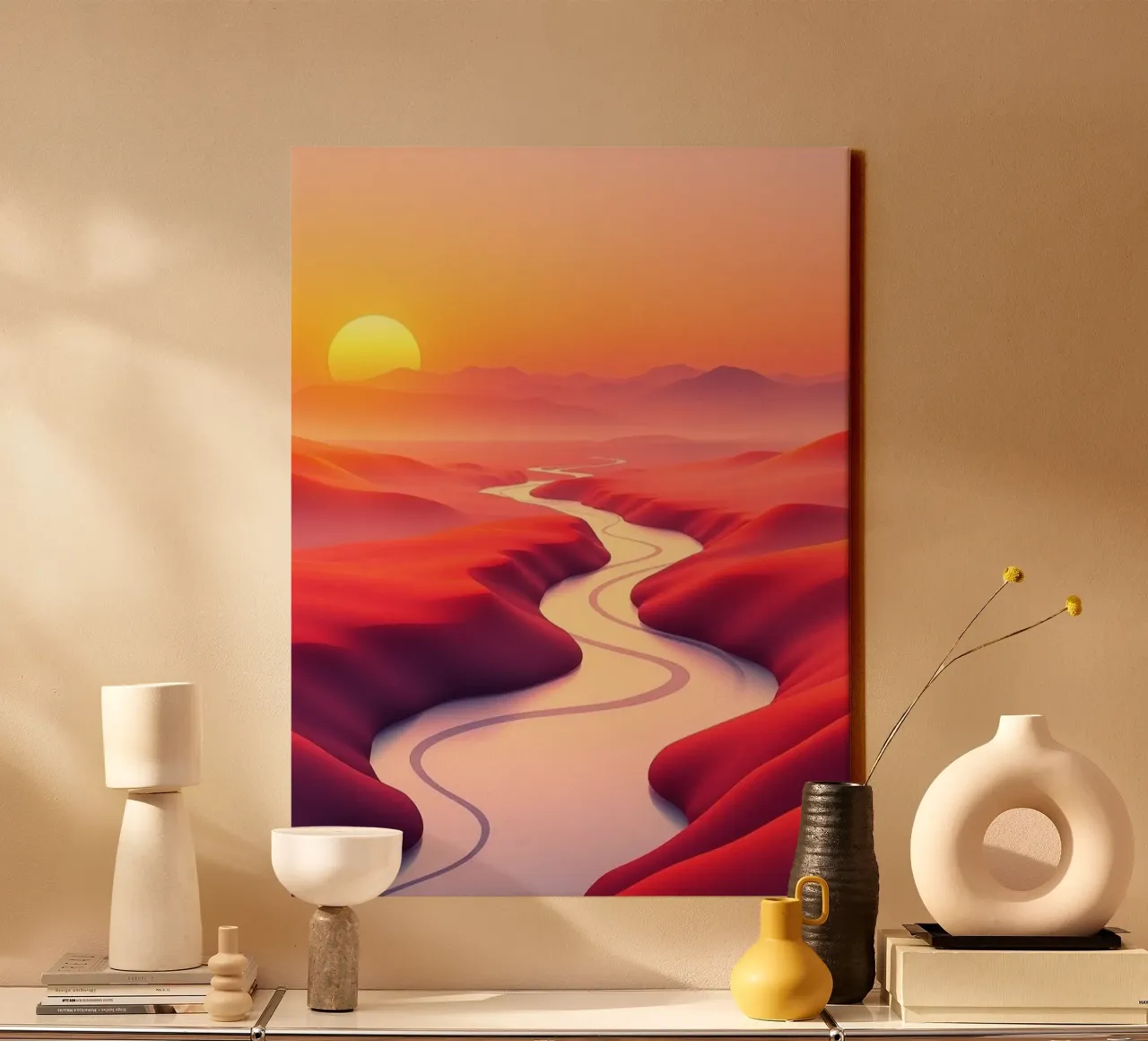 Sunrise Serenity: A Winding River Through the Crimson Desert canvas with Floater frame by Artistic-shop