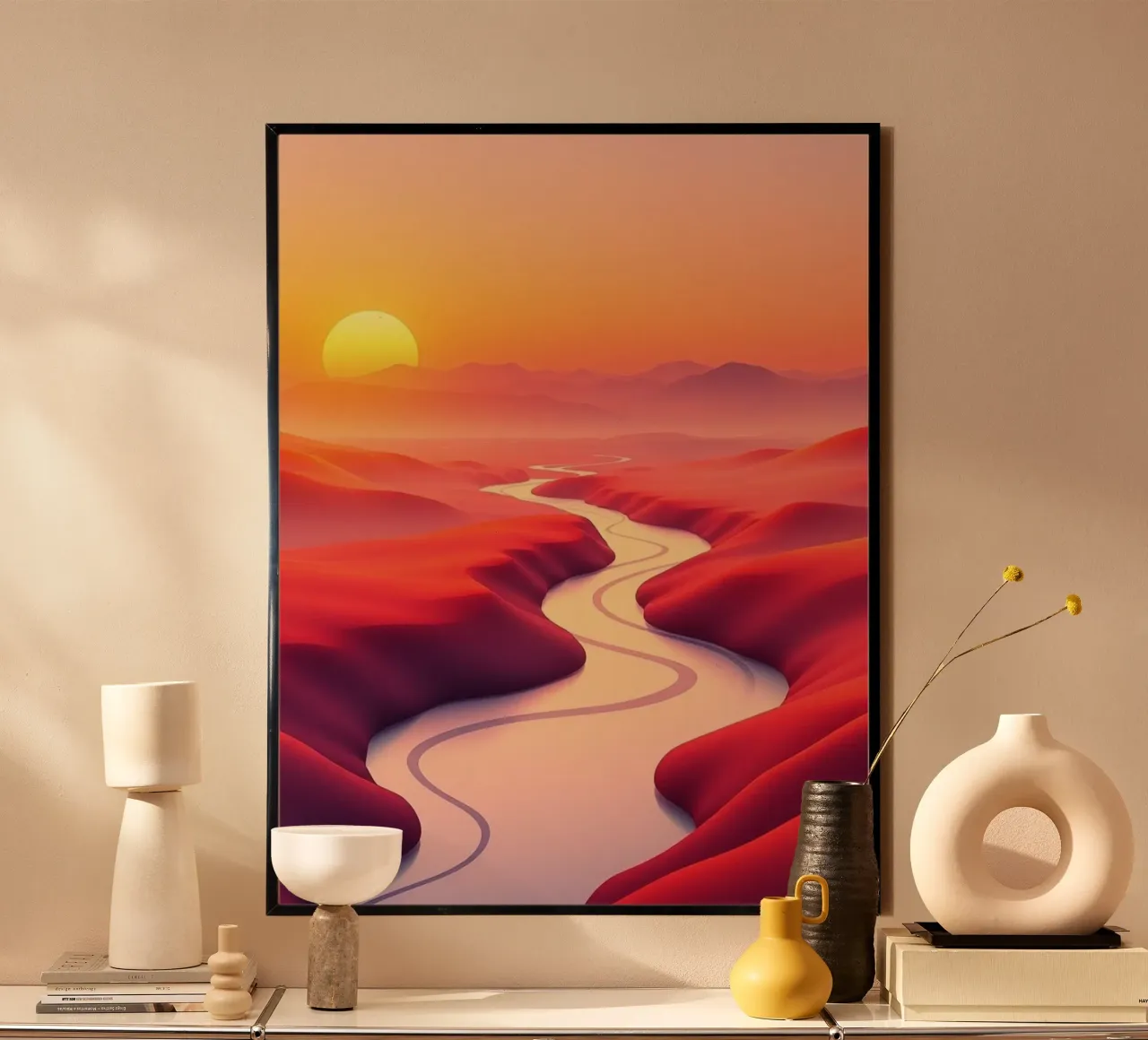 Serenità all'alba: Un fiume tortuoso attraverso il deserto cremisi poster con telaio in plastica da Artistic-shop