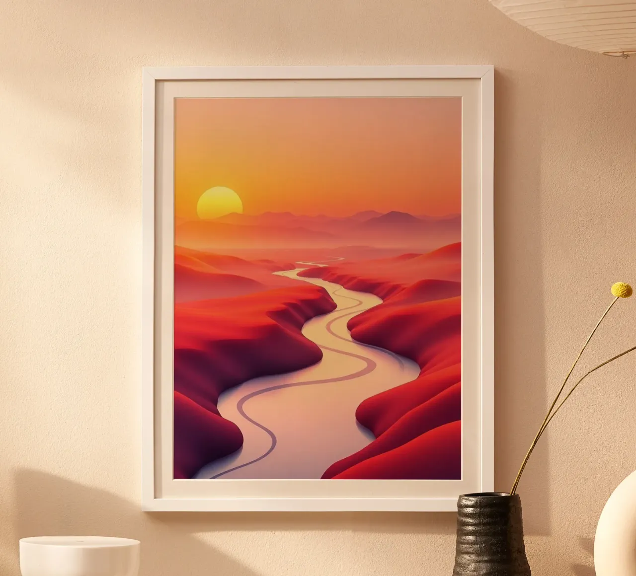 Serenità all'alba: Un fiume tortuoso attraverso il deserto cremisi poster con telaio in plastica da Artistic-shop